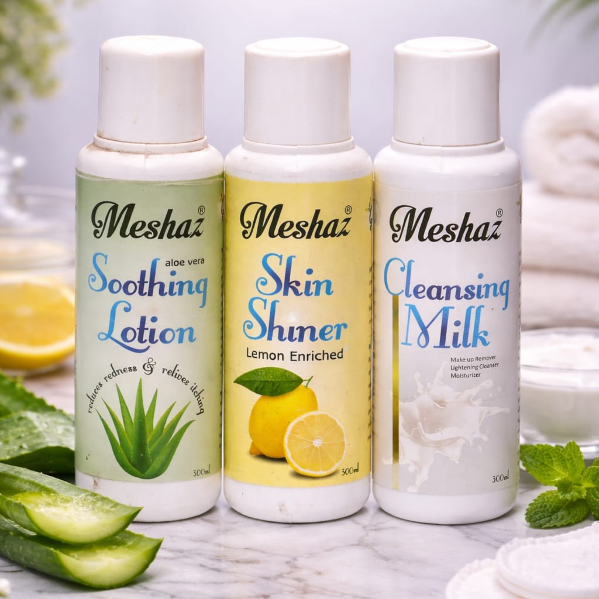 Meshaz Skincare Kit – Soothing Lotion, Skin Shiner Lemon & Cleansing Milk