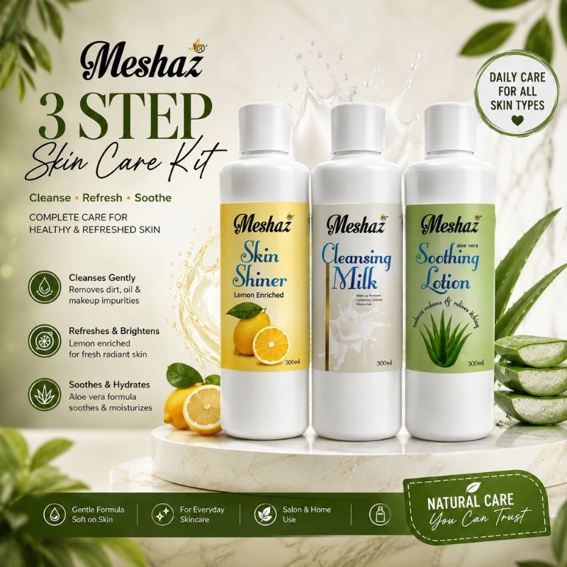 Meshaz Skincare Kit – Cleansing Milk, Skin Shiner & Aloe Vera Soothing Lotion | 3-Step Skin Care Kit 300ml