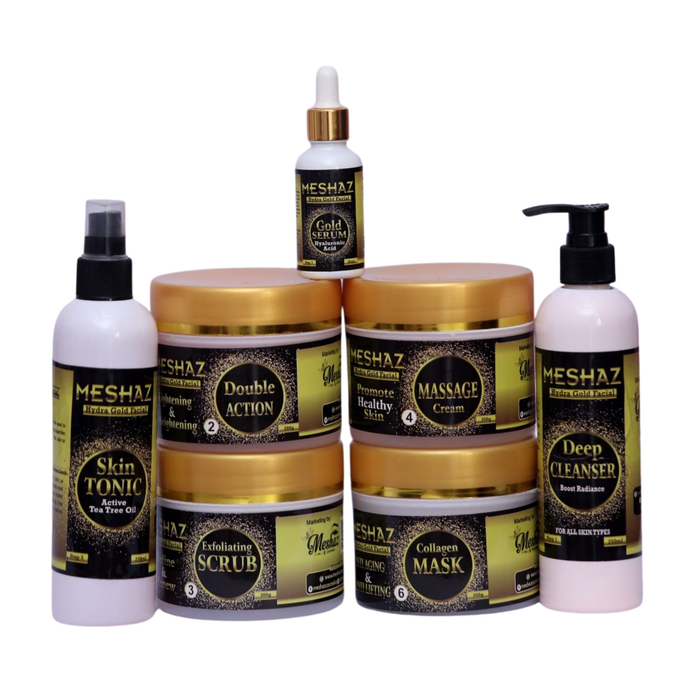 Meshaz Gold Facial Kit (6 Steps) – Deep Cleansing, Whitening & Anti-Aging Skincare Set